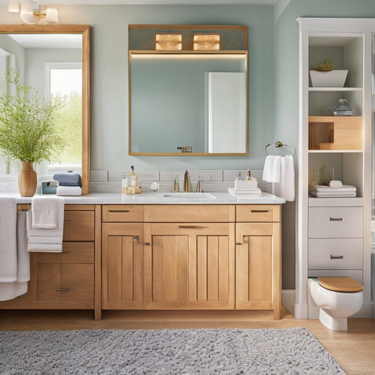 A tidy, well-lit, modern bathroom with two sinks, a large mirror, and a walk-in shower, showcasing clever storage solutions like woven baskets, stackable shelves, and a pedestal with hidden drawers.