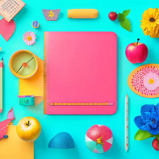 A colorful arrangement of teacher-themed icons, including a smiling apple, a pencil, a ruler, and a stack of books, surrounded by floral patterns and subtle polka dots, set against a soft pastel background.