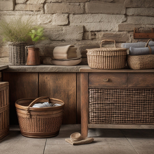 A distressed wooden cabinet with rusty metal hardware, surrounded by woven baskets, vintage apothecary jars, and natural woven towels, against a rustic brick or stone bathroom backdrop.