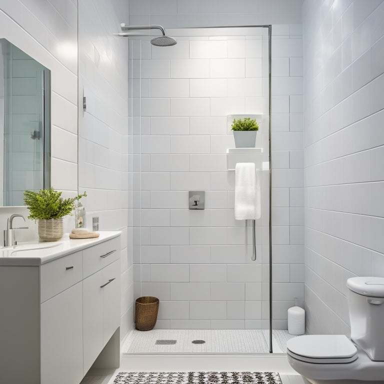 A sleek, modern bathroom with a walk-in shower featuring a recessed niche with glass shelf, wall-mounted soap dispenser, and a rainfall showerhead, surrounded by gleaming white tiles and minimal decor.