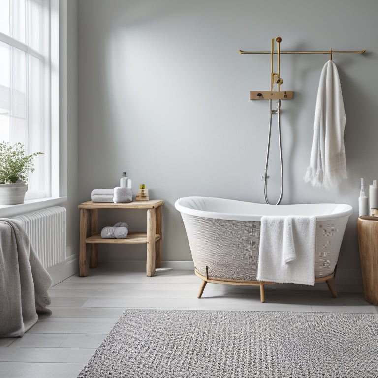 A serene, modern bathroom with white walls, gray floors, and a freestanding tub, featuring a wall-mounted wooden shelf with rolled towels, a woven basket, and a few decorative bottles.