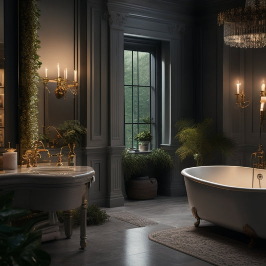 A serene, candle-lit bathroom scene featuring a freestanding tub surrounded by lush greenery, marble floors, and a statement chandelier, with soft, warm lighting and a misty atmosphere.