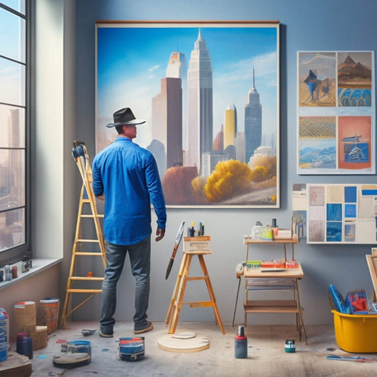 An illustration of a person standing in front of a large, blank canvas with a paintbrush in hand, surrounded by scattered goal-related objects like clocks, compasses, and ladders, with a subtle cityscape in the background.