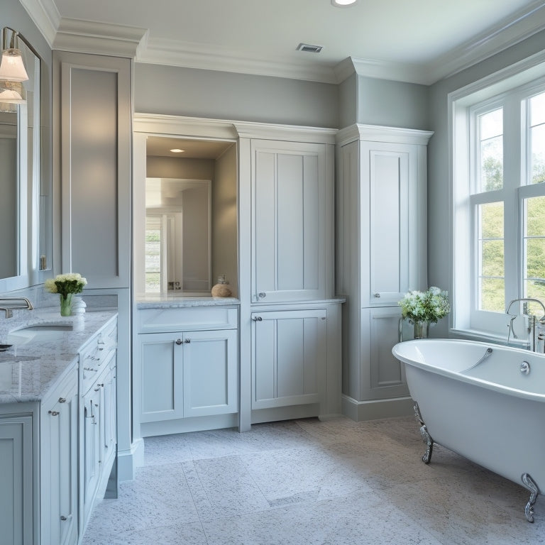 A serene bathroom with a corner wall cabinet featuring frosted glass doors, chrome hardware, and a soft gray finish, surrounded by creamy marble countertops and a freestanding tub.