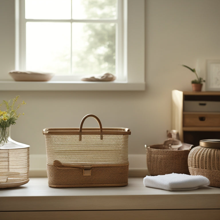 A serene, minimalist room with a few strategically placed organization essentials: a wooden desk with a small tray, a woven basket, and a few neatly labeled storage bins against a soft, creamy background.