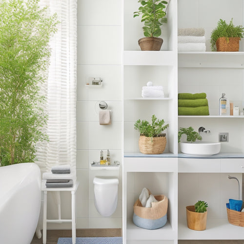 A vibrant, organized small bathroom showcasing sleek waterproof storage solutions: hanging baskets, wall-mounted shelves, and colorful bins, all surrounded by fresh greenery and stylish towels, under soft ambient lighting.