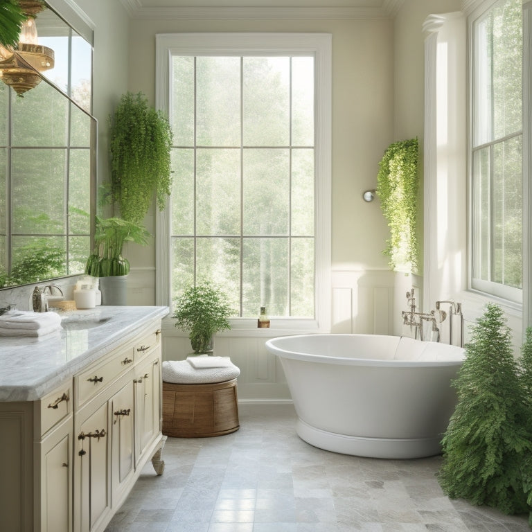 A serene bathroom scene with soft, creamy lighting, featuring a freestanding tub, gleaming marble countertops, and a stunning glass-enclosed shower, surrounded by lush greenery and elegant fixtures.