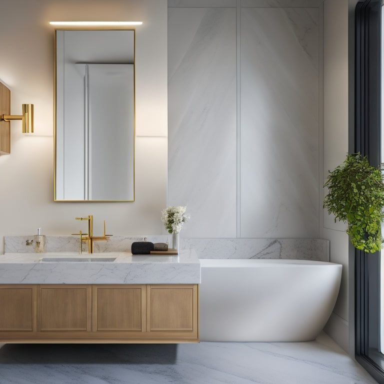 A luxurious bathroom featuring a sleek, wall-mounted vanity with a rectangular sink, minimalist faucet, and LED-lit mirror, surrounded by grey marble countertops and flooring.