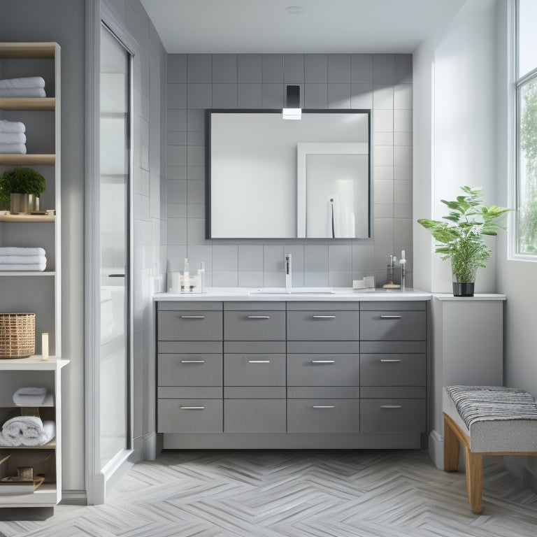 A modern bathroom with a large, freestanding cabinet featuring multiple drawers, shelves, and a mirrored door, surrounded by a sleek, gray-tiled floor and a minimalist sink.