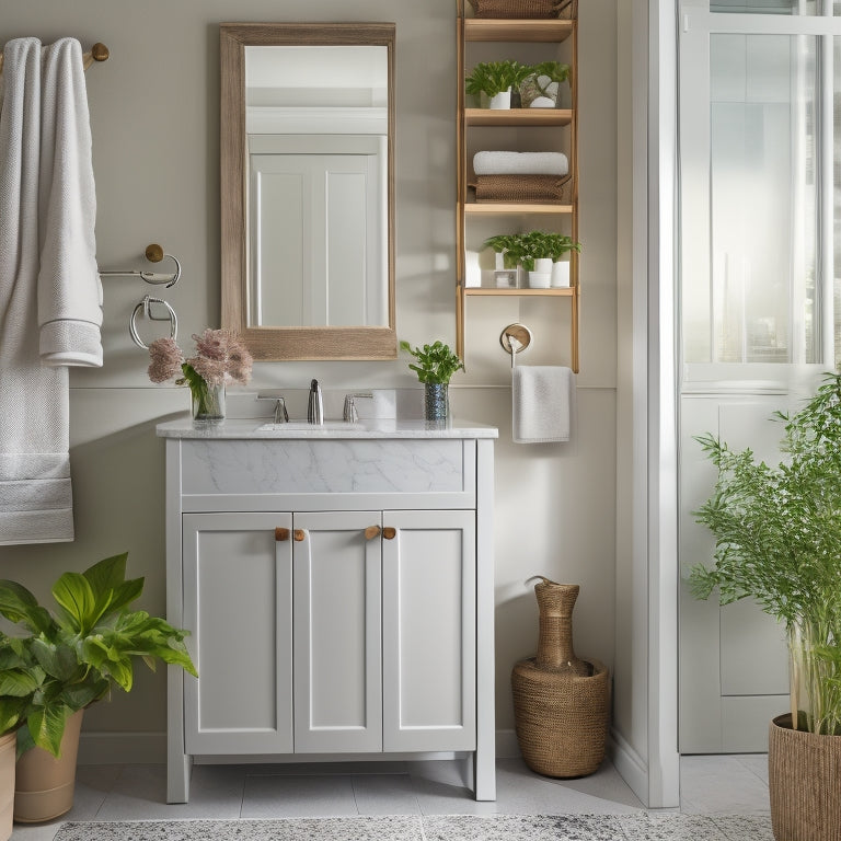 A tidy bathroom with a wall-mounted cabinet featuring two glass doors, soft-close drawers, and a sleek chrome handle, surrounded by a few rolled towels and a potted plant on the countertop.