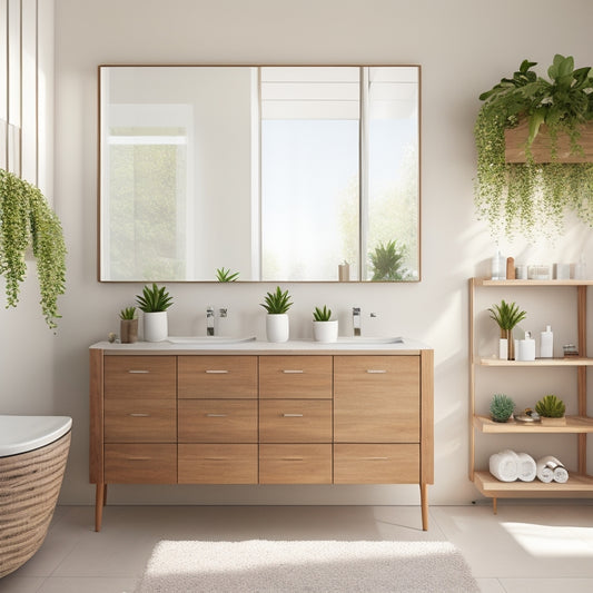 A spacious, sunlit open-concept bathroom featuring sleek modular storage units, natural wood finishes, minimalist shelves with neatly organized toiletries, lush greenery, and elegant ceramic accents, all harmonizing in a serene, modern aesthetic.