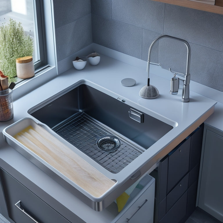 A sleek, modern kitchen sink area with a sliding drawer under-sink storage unit, featuring a stainless steel handle, and containing a mix of cleaning supplies, sponges, and scrubbers.