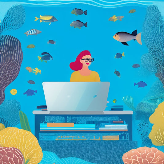 A stylized illustration of a woman (Elna Cain) scuba diving in a sea of Pinterest icons (boards, pins, and logos) with a laptop and analytics charts floating nearby, surrounded by schools of fish formed by Pinterest pins.