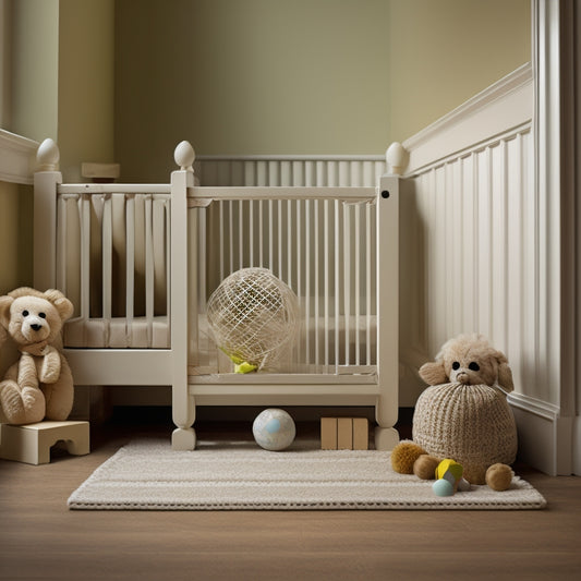 A wooden baby gate with a soft, white, padded top rail and vertical slats, set against a warm, beige background, with a few scattered toy blocks and a ball nearby.