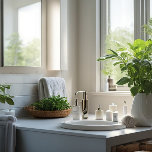 A serene bathroom with a clean, white countertop, a few neatly arranged toiletries, and a small potted plant, surrounded by a faint glow of natural light, with a clock in the corner showing 30 minutes.