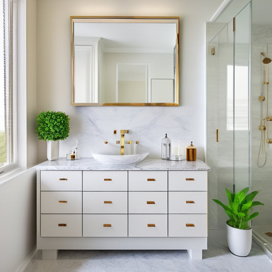 A modern bathroom with a large, rectangular mirror above a sleek, wall-mounted cabinet featuring two drawers with chrome handles, surrounded by crisp white walls and polished marble countertops.