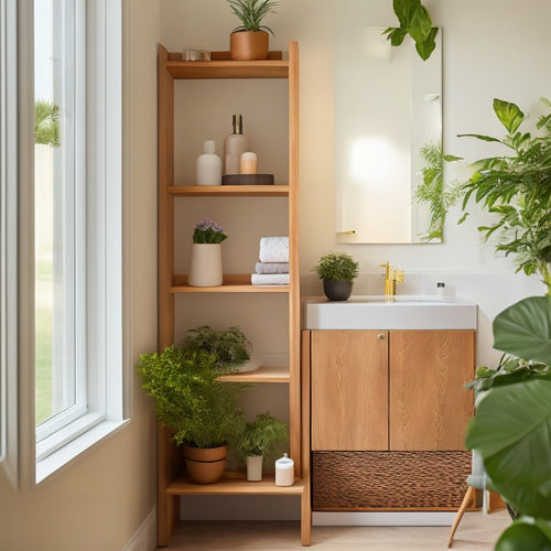 A sleek, minimalist corner cabinet in a bright, airy bathroom, featuring natural wood finishes, open shelving displaying neatly arranged toiletries, and soft ambient lighting illuminating the space, surrounded by potted plants and elegant decor.