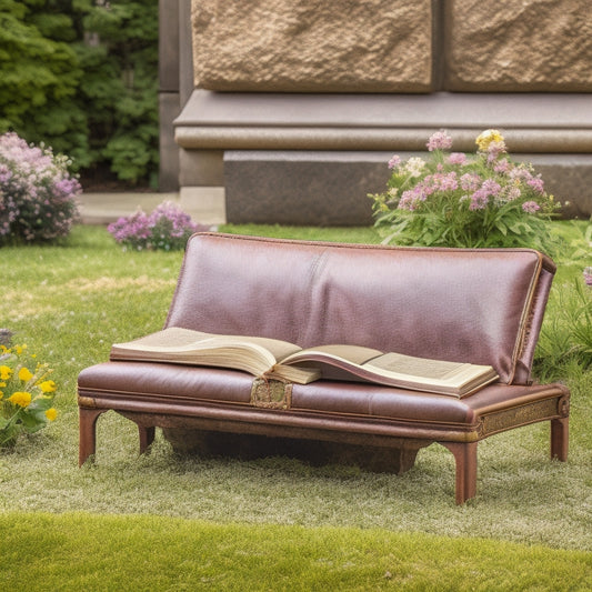 A scenic photograph of the Shepherd University campus, with a prominent display of a worn, leather-bound book lying open on a stone bench, surrounded by blooming flowers and lush greenery.