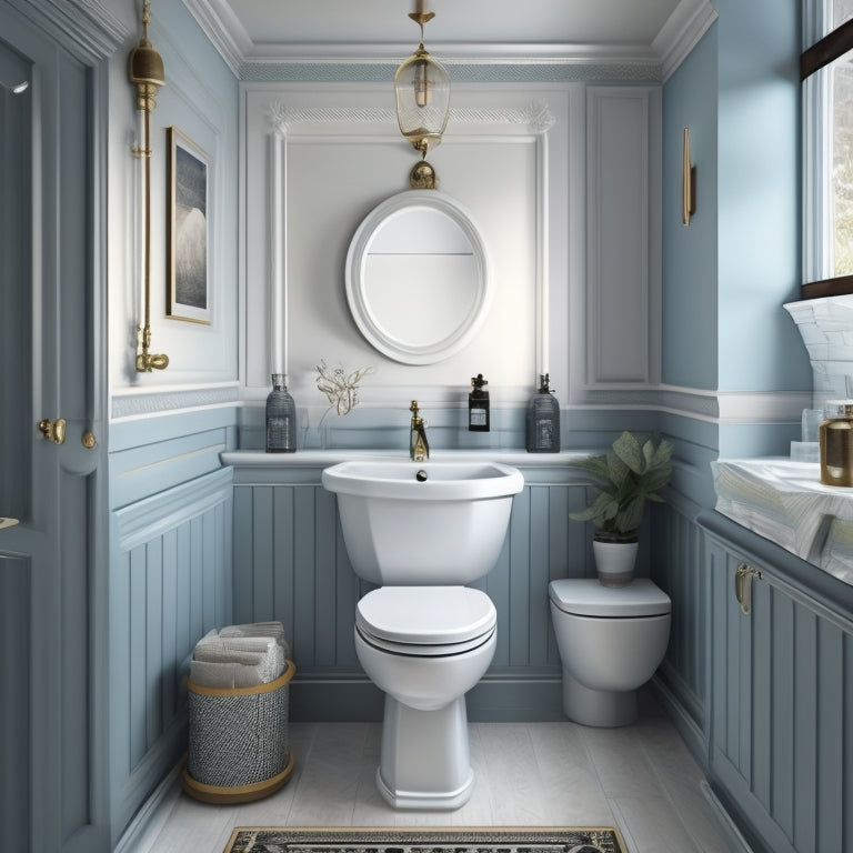 A stylized illustration of a bathroom with a pedestal sink cabinet in the center, surrounded by measuring tape, a level, and various decorative elements, with subtle hints of different styles and materials.