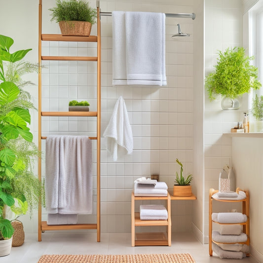 A modern bathroom with a sleek, white DIY storage ladder leaning against a wall, holding rolled towels, baskets, and a few decorative plants, surrounded by a minimalist shower and sink area.