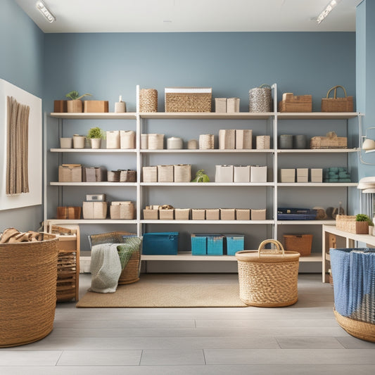 A bright, modern storage showroom with rows of sleek shelves, baskets, and bins in various colors and shapes, surrounded by stylish room vignettes and soft, natural light.