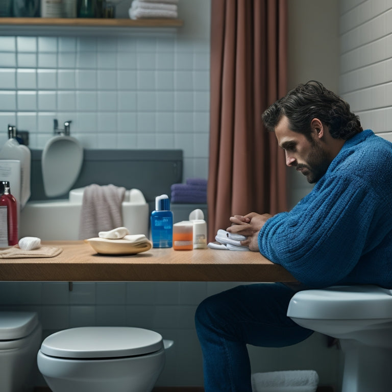 A blurred figure sitting on a toilet, surrounded by toiletries and towels, with a laptop open on their lap, and a concerned expression, set against a messy bathroom background.