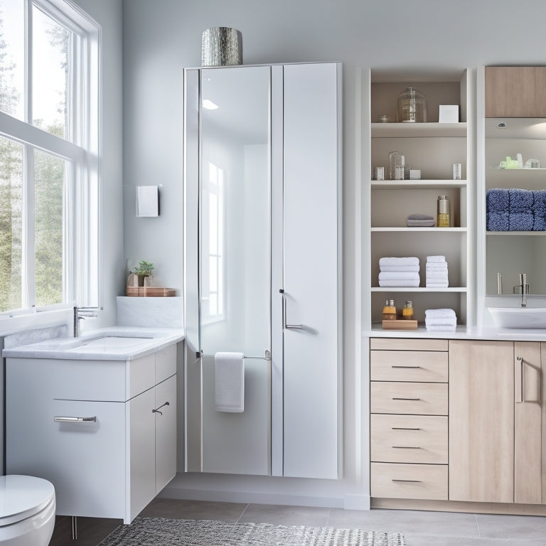 A serene, modern bathroom with a wall-mounted cabinet featuring soft-close drawers, a recessed medicine cabinet, and a floor-to-ceiling storage unit with frosted glass shelves and a sleek, chrome handle.