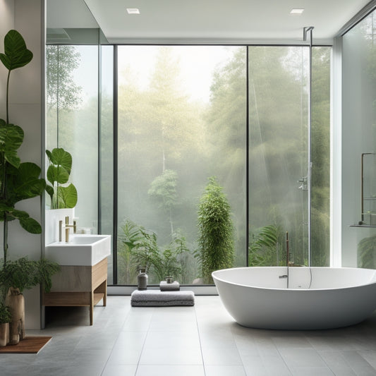 A serene, minimalist bathroom with a freestanding tub, wall-mounted faucets, and a rainfall showerhead, surrounded by large-format tiles, a heated floor, and a floor-to-ceiling window with a botanical view.