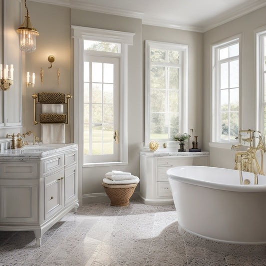 A serene bathroom scene with a mix of modern and traditional elements: a freestanding tub, double sink vanity, and a separate walk-in shower with glass enclosure, amidst a backdrop of soft, creamy tiles and warm lighting.