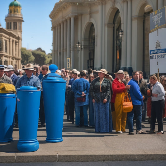 A crowded street scene in Santa Cruz with protesters holding toilet plungers and signs, surrounding a City Hall building with a locked restroom door in the foreground.