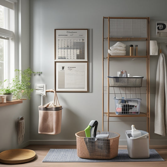 A tidy, well-lit home interior with a calendar on the wall, a cleaning caddy with supplies, and a few cleaning tools nearby, surrounded by a faint grid of checkboxes and lines.