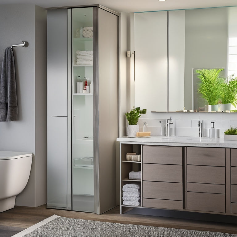 A sleek, modern bathroom with a wall-mounted cabinet featuring sliding glass doors, a recessed medicine cabinet with LED lighting, and a floor-to-ceiling storage unit with baskets and shelves.