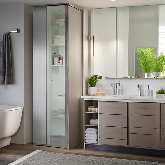 A sleek, modern bathroom with a wall-mounted cabinet featuring sliding glass doors, a recessed medicine cabinet with LED lighting, and a floor-to-ceiling storage unit with baskets and shelves.