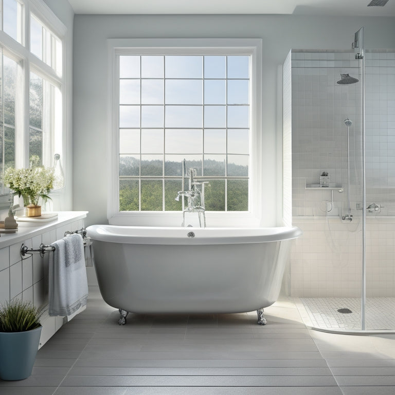 A serene bathroom scene: a warm-lit, white-tiled tub area with a sturdy, chrome grab bar mounted vertically on the wall, and a horizontal bar attached to the tub's edge, both with comfortable grips.