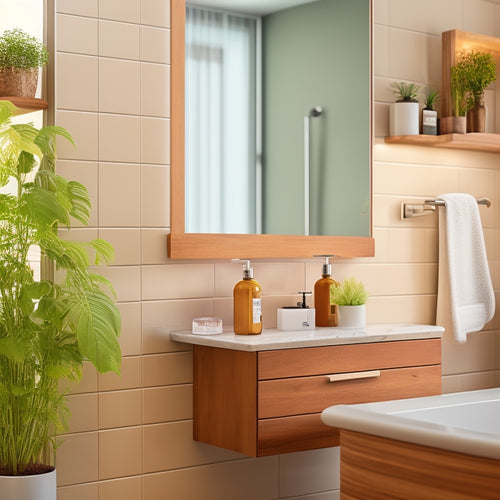 A modern bathroom with a sleek, wall-mounted floating shelf countertop in a warm, honey-colored wood tone, holding a few carefully placed toiletries and a small potted plant.