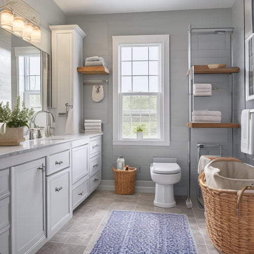 A serene bathroom with a wall-mounted cabinet featuring pull-out drawers, a pedestal sink with a slide-out storage compartment, and a shower caddy with multiple tiered baskets and hooks.