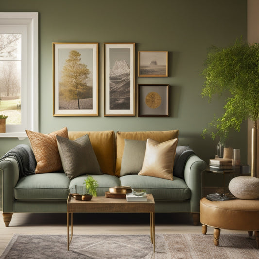 A serene living room with a warm beige sofa, accented with emerald green pillows, surrounded by a gallery wall featuring earthy-toned artwork, set against a calming soft-gray background.