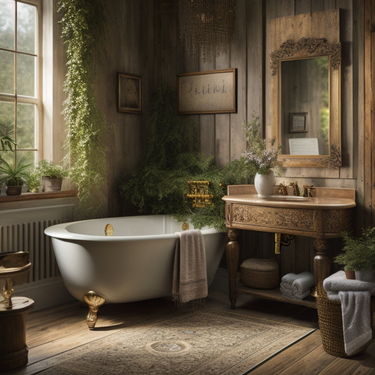 A serene bathroom with a freestanding tub, surrounded by lush greenery and soft lighting, featuring three framed signs with distressed wood and ornate gold frames, hung above a rustic wooden shelf.