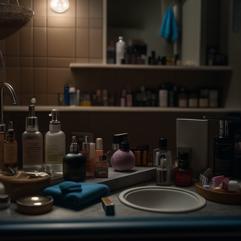 A dimly lit bathroom countertop with a cluttered, messy arrangement of cosmetics, toiletries, and beauty products, with subtle hints of dust, grime, and mysterious stains.