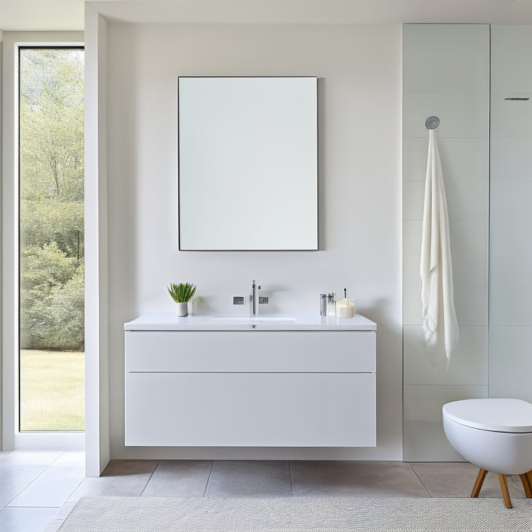 A sleek, minimalist bathroom with a floor-to-ceiling mirror, featuring a stylish white modern vanity with clean lines, a rectangular sink, and a wall-mounted faucet, set against a soft gray background.