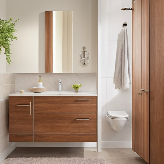 A sleek, modern bathroom featuring a stylish rotating cabinet with elegant wood finishes; bright, natural lighting highlighting organized toiletries and fresh towels, creating a clean and sophisticated atmosphere.