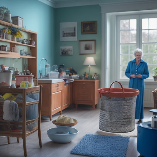 A tidy, well-lit elderly home interior with a senior in the background, surrounded by minimal clutter, with a few strategically placed cleaning tools and a few organizational hacks, such as baskets and labels.