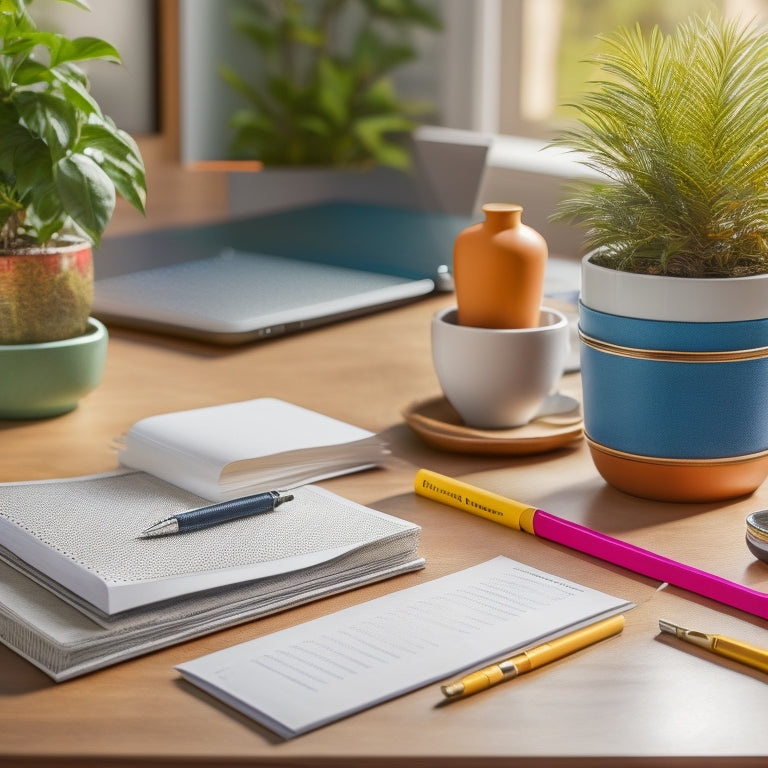 A colorful, clutter-free desk with a partially filled-out planner, a pen, a paperclip, and a few organized tabs, surrounded by a few tidy stacks of paper and a small, thriving potted plant.