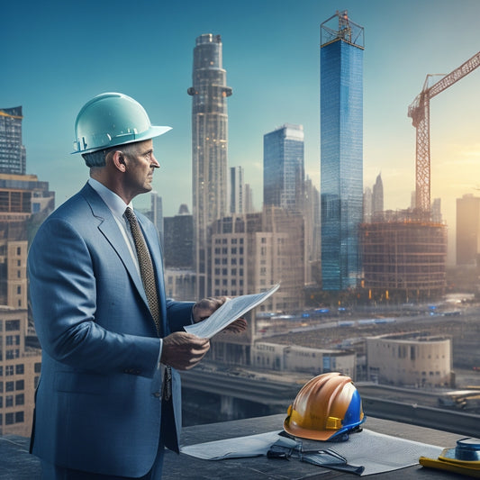 An illustration of a cityscape with a mix of completed and under-construction buildings, featuring a prominent crane and a hard-hatted inspector examining blueprints in the foreground.