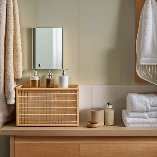 A serene, minimalist bathroom with a wall-mounted shelf holding a neatly arranged collection of bathroom essentials, including a soap dispenser, toothbrush holder, and woven basket containing towels.