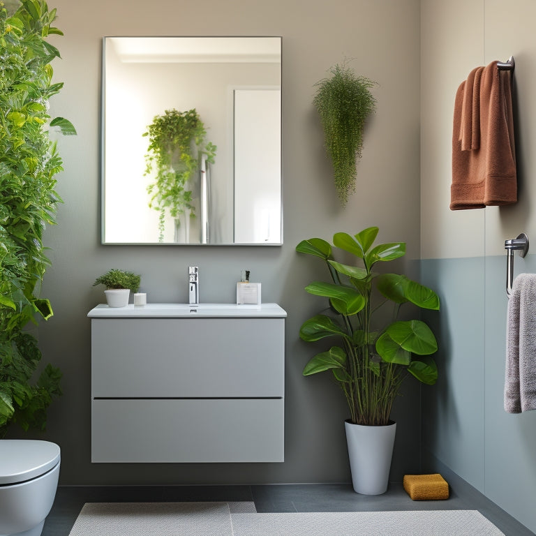 A modern, minimalist bathroom with a sleek, wall-mounted sink in a polished chrome finish, surrounded by a compact, rectangular mirror and a few decorative plants, against a soft, warm gray backdrop.