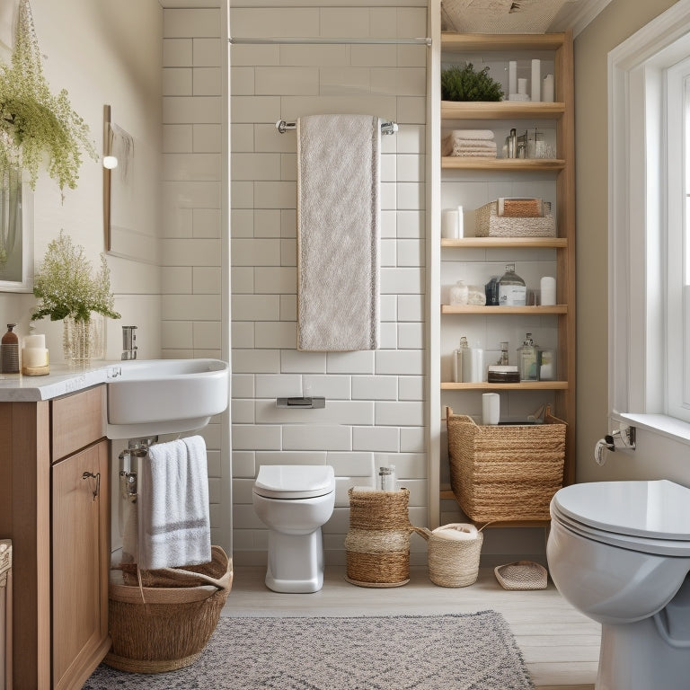 A serene, well-lit bathroom with a few clever storage solutions: a woven basket under the sink, a tiered shelf above the toilet, and a hanging organizer behind the door.