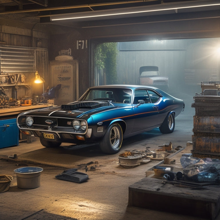 A dimly lit, gritty, industrial-style garage with a sleek, black, 1973 Ford Falcon XB GT, aka the Pursuit Special, center-framed, with a partially disassembled V8 engine on a nearby workbench.