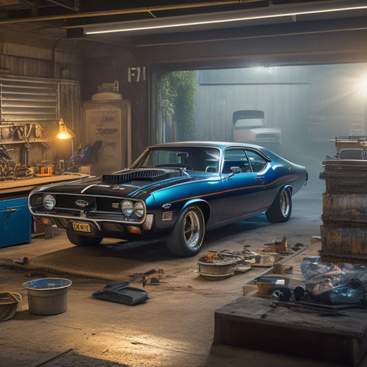 A dimly lit, gritty, industrial-style garage with a sleek, black, 1973 Ford Falcon XB GT, aka the Pursuit Special, center-framed, with a partially disassembled V8 engine on a nearby workbench.