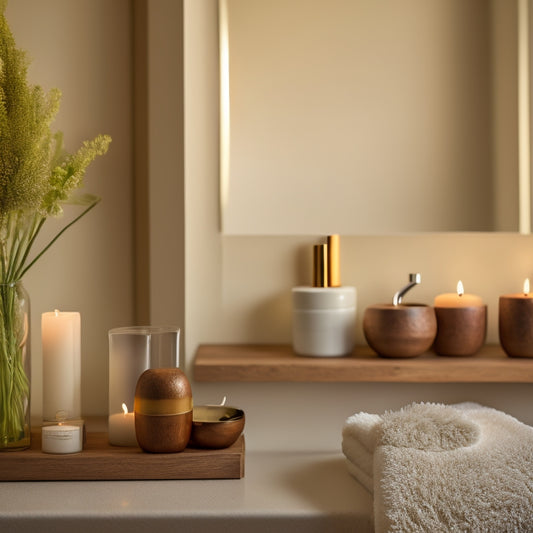 A serene bathroom scene featuring three floating shelves in a warm, honey-brown wood tone, holding a delicate vase, a candle, and a few rolled towels, against a soft, creamy white wall.